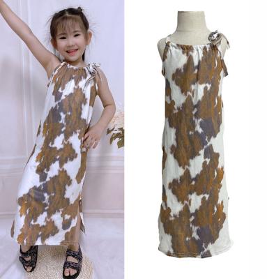 China Newest Anti-wrinkle Toddler Baby Brown Cowhide Dress Girls Printed Halter Dress Kids Orange Dye Tie Side Split Dress for sale