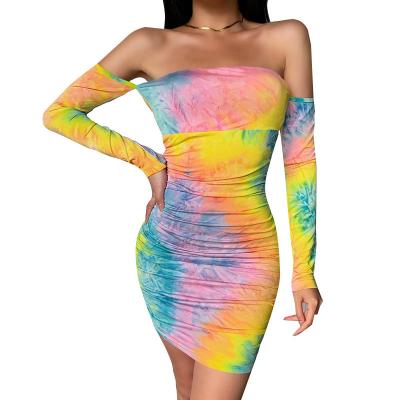 China TOB one shoulder tie dye dress breathable casual wear for plus size ladies wears dress sportswear tie and dye fabric for sale