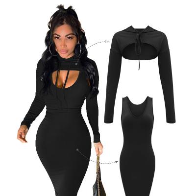 China TOB 2 Piece Breathable Drop Set Long Sleeve Hollow Out Women Hoodies Sets Tight Drop Dresses For Women BK784 for sale