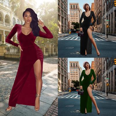 China 2022 TOB Viable Deep V Neck Long Sleeve Prom Dresses High Split Night Dress For Sexy Women BK576 for sale