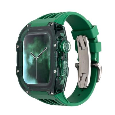 China Fashionable Green Transparent Case For Apple Watch 45MM 44MM Mod Kit With Rubber Sports Band For iWatch Series 8 Se 7 6 5 4 Silicone Strap for sale