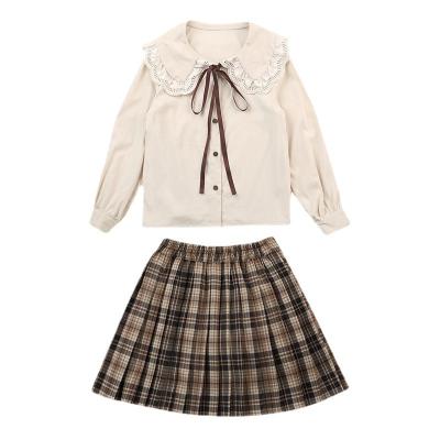 China 2022 Autumn Korean high quality children's clothing doll collar sleeve shirt plaid children's long half pleated dress set for sale