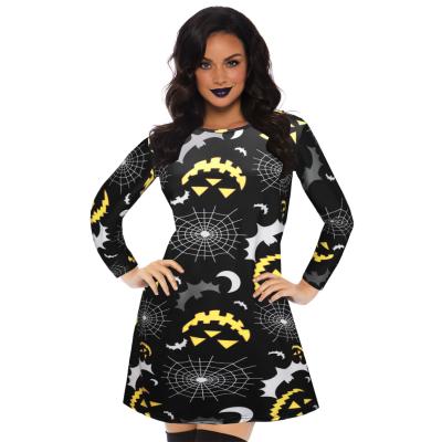 China Wholesale Halloween Dress Women Breathable Elegant Skull Print Dress O-Neck Long Sleeve Swing Midi Dress for sale