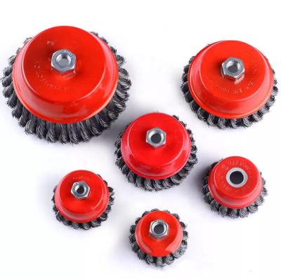 China Knotted Wheel Twisted Red Circular Wire Cup Wire Cup Brush Cleaning Attachment For Drill for sale