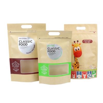 China Disposable Wholesale Custom Printed Clear Window Stand Up Brown Kraft Paper Zipper Bag For Snack Pouches Packaging for sale