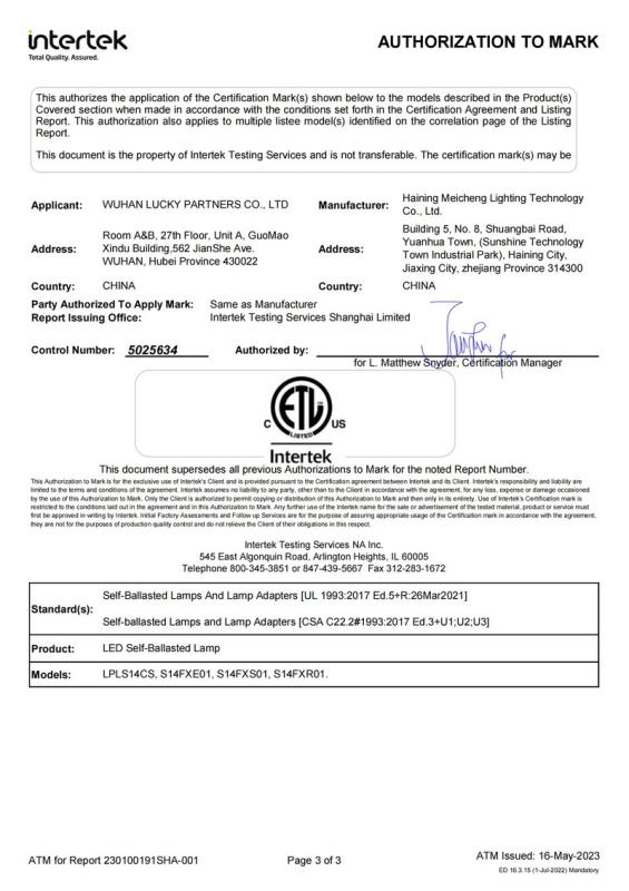 ETL - Haining Meichen Lighting Technology Co., Ltd.