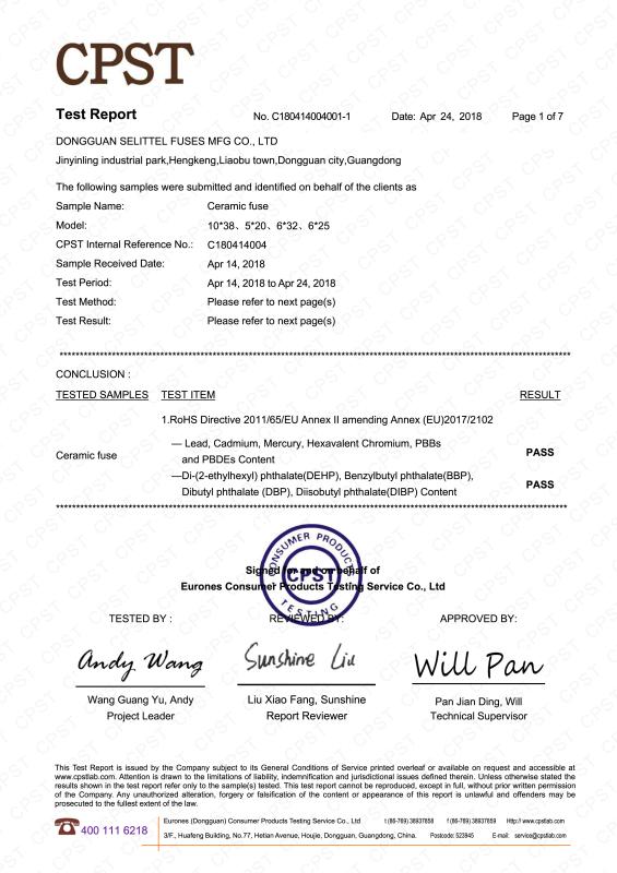 RoHS - Dongguan Selittel Fuses Mfg Co., Ltd.