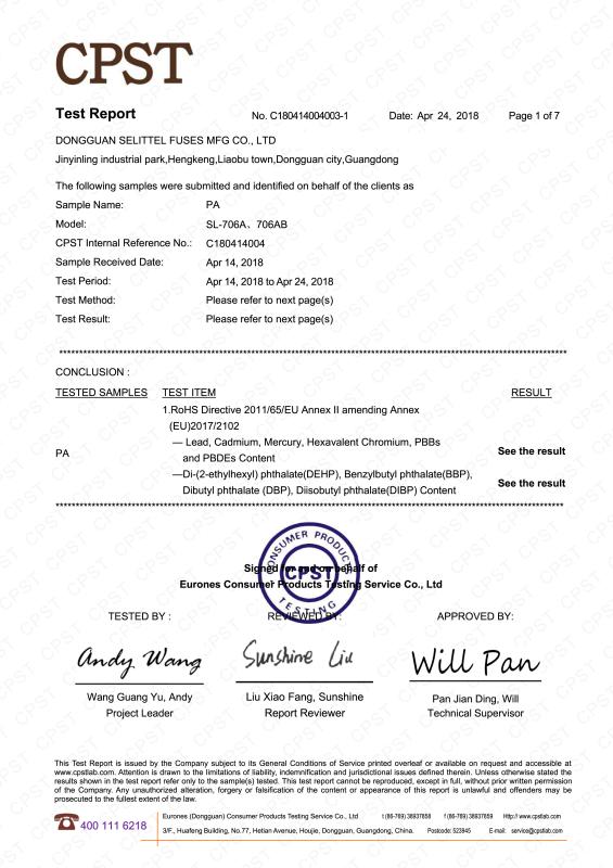 RoHS - Dongguan Selittel Fuses Mfg Co., Ltd.