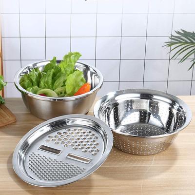 China Kitchen Household Restaurant Multifunctional 3 in 1 Stainless Steel Drain Basket with Vegetable Slicer Graters for Kitchen Rice Sieve for sale