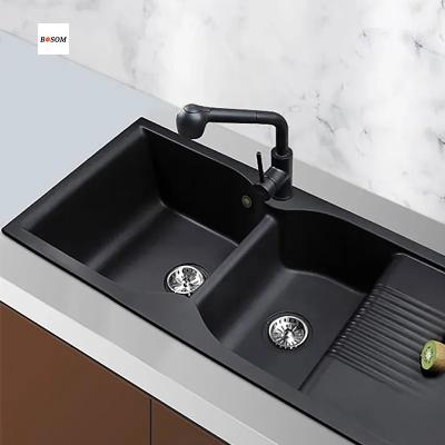 China Without Faucet and Hardware Customized Quartz Sink Granite Stone Kitchen Sink 304 Stainless Steel Double Vessel Sink for sale