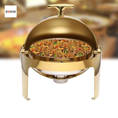 China Modern Hot Selling Stainless Steel Round Tabletop Food Warmer Cylinder Desktop Luxury Gold Top Preserving Chafing Dish For Buffet Equipment for sale