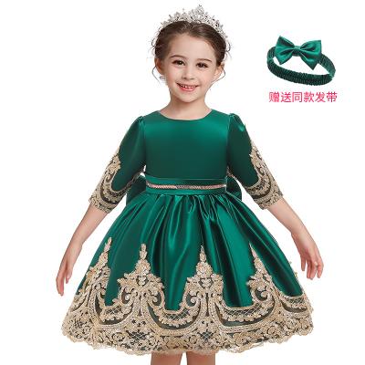 China New Washable European Style Kids Dresses Elegant Lace Up Big Long Sleeve Bow Kid Party Clothes Girl Flower Girl Dress for sale