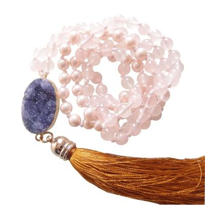 China BOHEMIA Sundysh 108 Crystal Amethyst Mala Beads Prayer Beads Pink Gemstone Knotted Tassel Necklace for sale