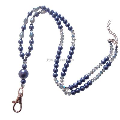 China Key Chain Lanyard Sundysh Beaded Lanyard, Blue Pearl Crystal Beaded Keychain Lanyard Necklace Fashion Jewelry for Badge ID Card Holder for sale