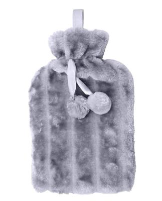 China Durable 2L BS RUBBER Hot Water Bottle with Fur Cover and Pom Poms, Large (Gray) for sale