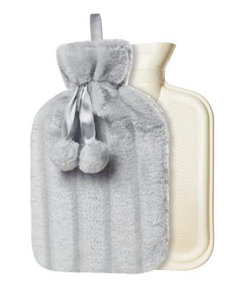 China Durable 2L BS RUBBER Hot Water Bottle with Fur Cover and Pom Poms, Large (Light Grey) for sale