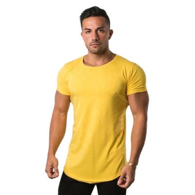 China Yellow Anti-Shrink Scoop Neck Aplet Curved Edge Raw Cut T-Shirt With Panel Back Mens Muscle Fit Custom T Shirt for sale