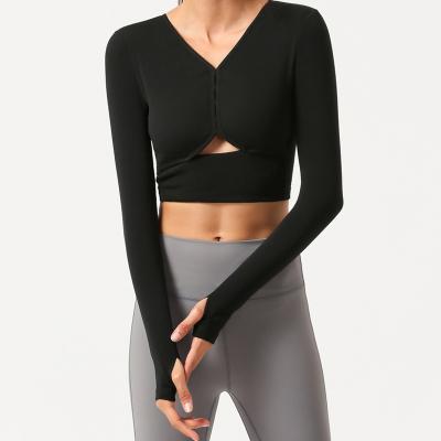 China 2020 Custom Breathable Long Sleeve Fitness Tops Thumb Hole Slap V-Neck Sports Yoga Suit Seamless Cut Navel for sale