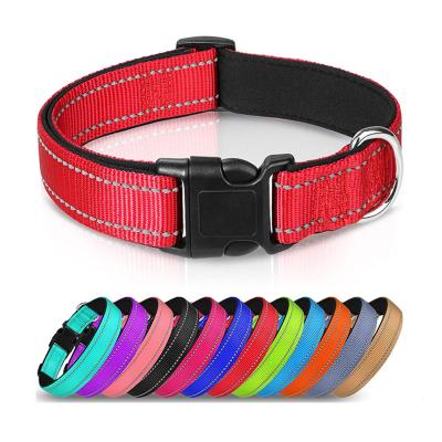 China Hot Sale 12 Colors Reflective Solid Colors Dog Collars Adjustable Classic Nylon Dog Collar With Quick Release Buckle for sale