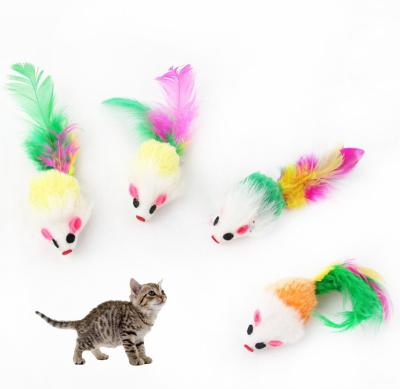 China Wholesale Viable Plush Pet Interactive Cat Toys Colorful Mouse Kitten Toy Rainbow Cat Mouse Toy Catcher With Feather for sale