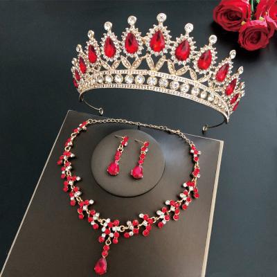 China Newest Trendy Jewelry 2021 Red Blue Green Red Blue Gemstone Crown Tiara Bridal Jewelry Set 4 Colors Rhinestones Wedding Jewelry Set for sale