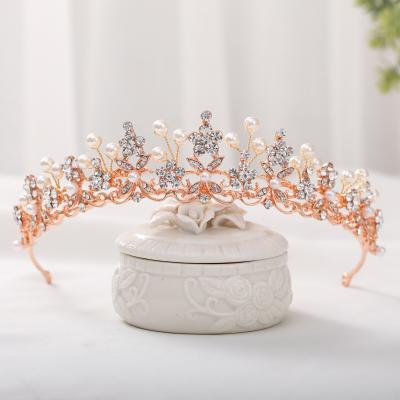 China Wholesale 2021 popular Alloy+ rhinestones+ pearl rose gold color pearl and crystal flower wedding crown tiara for sale