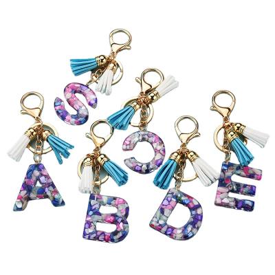 China Wholesale Crystal Acrylic Tassel Resin Bag 26 Letter Key Chain Pendant Key Chain for sale