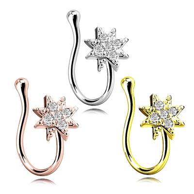 China 2021 Nickel Free New Anti Allergy Stainless Steel Nose Ring Inlaid Crystal Flower Non Piercing Fake Nose Ring for sale