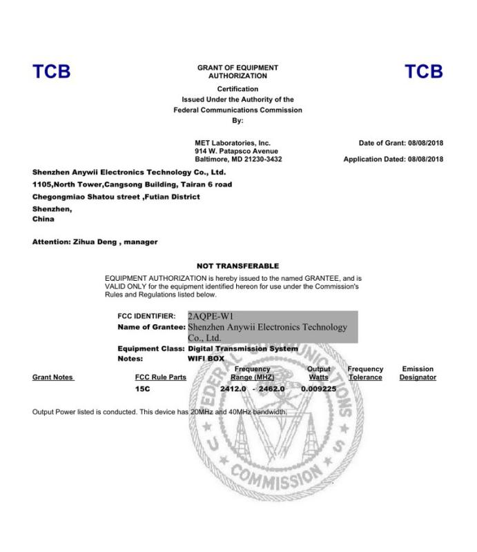 FCC - Shenzhen Anywii Electronics Technology Co., Ltd.