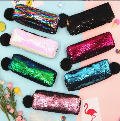 China Schools & Mermaid cosmetic bag lady bag new sequins hair bulb offices double color sequin pencil case students stationery receive package for sale