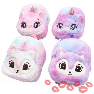 China Woolen cloth with soft nap Unicorn leisure backpack plush hair velvet bag students backpack cute cartoon package for sale