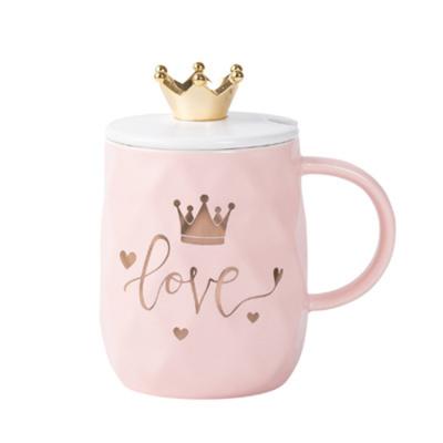 China Sustainable Creative pink crown mug cute girl ceramic couple water cup with lid spoon for sale