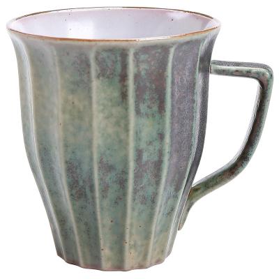 China Sustainable European retro ceramic coffee cup striped rough pottery milk tea cup kiln becomes simple mug for sale