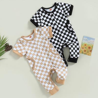 China Spandex/Cotton 1Pcs Private Label RTS Summer Infant Toddler Neutral Baby Clothes Short Sleeve Pocket Checkerboard Baby Overalls for sale