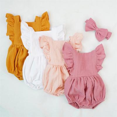 China Cotton 100% 1 Pcs Custom Logo Sleeve Jumpsuit Muslin Baby Bubble Romper Summer Infant Clothing Ruffle With Headband for sale