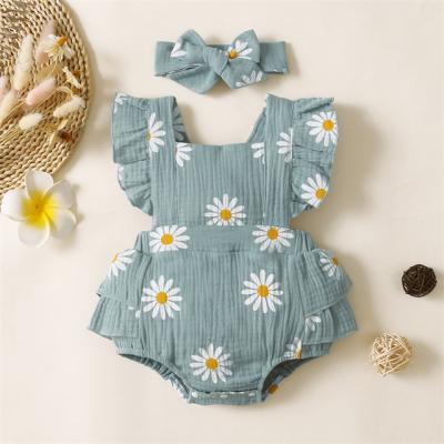 China Daisy Muslin 100%Cotton Logo Baby Floral Ruffle Romper Summer Infant Toddler Girls Private Spandex/Cotton 1Pcs Clothing With Headband for sale