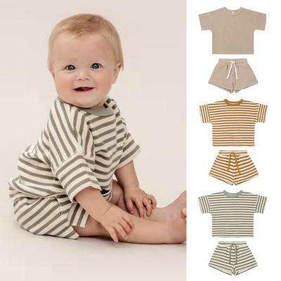 China 1Pcs Logo Infant Children Boys Girls Summer Short Waffle Baby Clothing Breathable Private Drawstring Stripe T-shirt Sets for sale