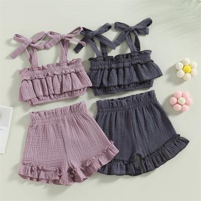 China Casual Label Rts Summer Baby Infant Girls Clothes Chiffon Ruffles Sleeveless Tanks Tops Shorts Baby Set Outfits for sale