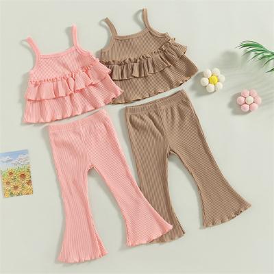 China Private Label RTS Summer Casual Infant Baby Clothing 1Pcs Cotton Ribbed Ruffle Flared Pants Toddler Girls Overalls for sale