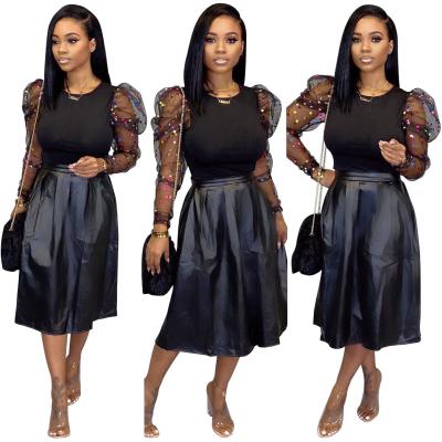 China 2021 Autumn Viable Women's Clothing Fashion Mesh Two Piece Sets PU Top Casual Leather Skirt Dress for sale