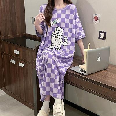 China Korean QUICK DRY purple plaid candy and beautiful fabric ladies pajamas milk fiber night wear skirts for sale