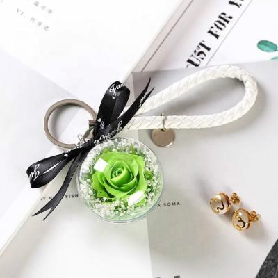 China Wedding Gift Wholesale Cute Key Chain Real Fresh Preserved Rose In Acrylic Ball Real Preserved Rose Flower Keychain for sale