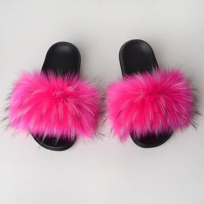 China Fluffy Raccoon Fur Slipper Women Fox Raccoon Fur Slippers Faux Plush Fur Slippers Anti-slippery Women's Fur Slippers for sale