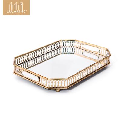 China Lularine Metal Glass Mirror Tray European Decoration Jewelry Necklace Viable Makeup Organizer Storage Tray Display Plate for sale