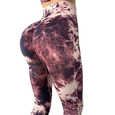 China 2021 Women'S High Waist Breathable Tights Tummy Control Butt Lift Scrunchy Tie Dye Workout Gaiters for sale