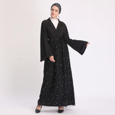 China 2021 New Design Polyester Fiber Pearl Lace Beautiful Long Sleeve Islamic Open Front Abaya Women Islamic Clothing for sale