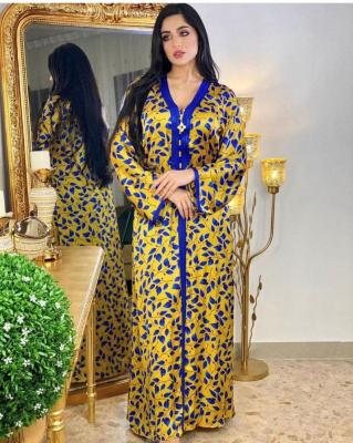 China 2021 Dubai Women Muslim Clothing Abaya Turkey Floral Printing Dress Zipper Up Satin Fabric Muslim Dress for sale