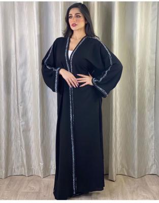 China Moroccan Kaftan Dubai Open Front Gown Dresses For Women Bat Wing Gold Sleeve Ribbon Muslim Turkey Arabic Clothes DF20AB039 Black for sale