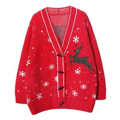 China New Year's Christmas New Year's New Soft Anti-Shrink Button Fawn Sweater Knit Jacket Horn Women's Red Cardigan For Christmas Party for sale