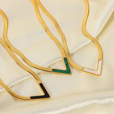 China 18K Gold Stainless Steel Peacock Green Natural White Stone V Stone Hiphop Shell Snake Chain Flat Necklace Women for sale